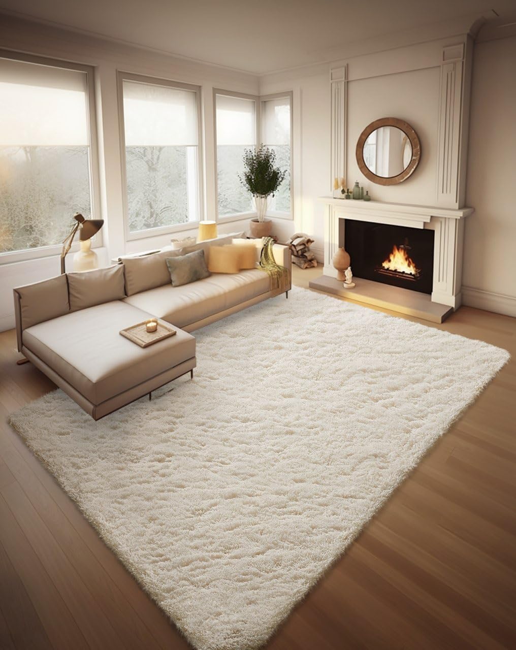 Ivory White Non-Slip Washable Long-Pile Living Room Rug